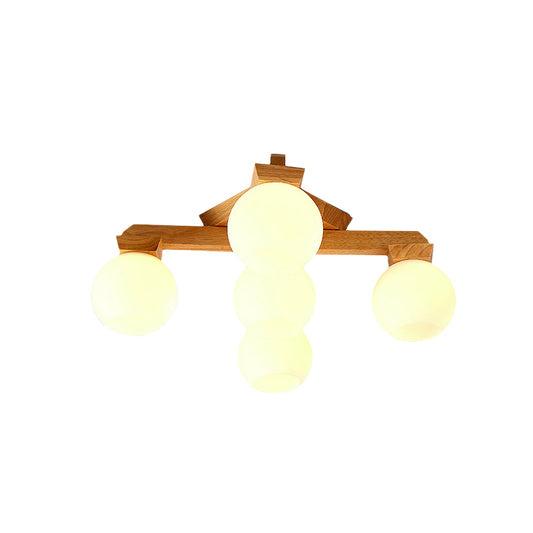 3/5/7 Lights Branch Semi Mount Lighting Contemporary Milk Glass Semi Flush Mount Light in Beige with Wood Fixture Arm Clearhalo 'Ceiling Lights' 'Close To Ceiling Lights' 'Close to ceiling' 'Semi-flushmount' Lighting' 213560