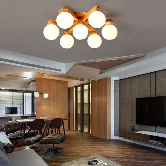 3/5/7 Lights Branch Semi Mount Lighting Contemporary Milk Glass Semi Flush Mount Light in Beige with Wood Fixture Arm Clearhalo 'Ceiling Lights' 'Close To Ceiling Lights' 'Close to ceiling' 'Semi-flushmount' Lighting' 213563