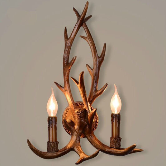 2 Heads Resin Wall Light Classic Brown Deer Horn Restaurant Wall Lighting Fixture with Candle Decor Clearhalo 'Wall Lamps & Sconces' 'Wall Lights' Lighting' 2135831