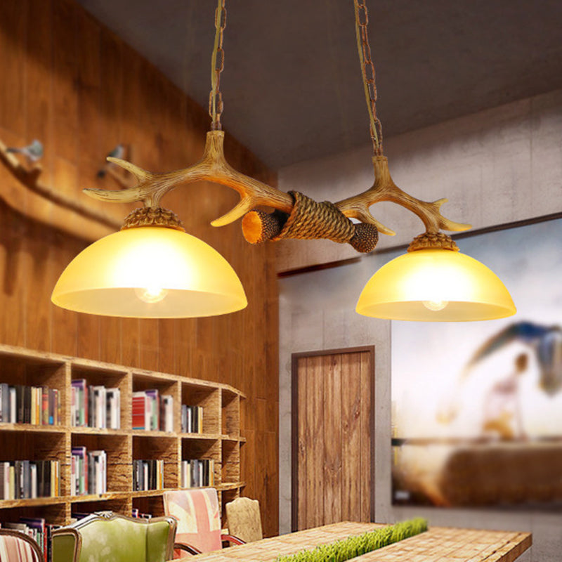 2 Bulbs Pendant Light Retro Dome Beige Glass Hanging Island Light with Decorative Deer Horn Beige Clearhalo 'Ceiling Lights' 'Glass shade' 'Glass' 'Island Lights' Lighting' 2135845