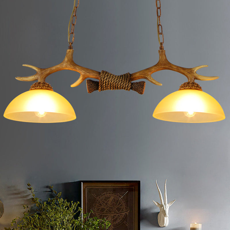 2 Bulbs Pendant Light Retro Dome Beige Glass Hanging Island Light with Decorative Deer Horn Clearhalo 'Ceiling Lights' 'Glass shade' 'Glass' 'Island Lights' Lighting' 2135846