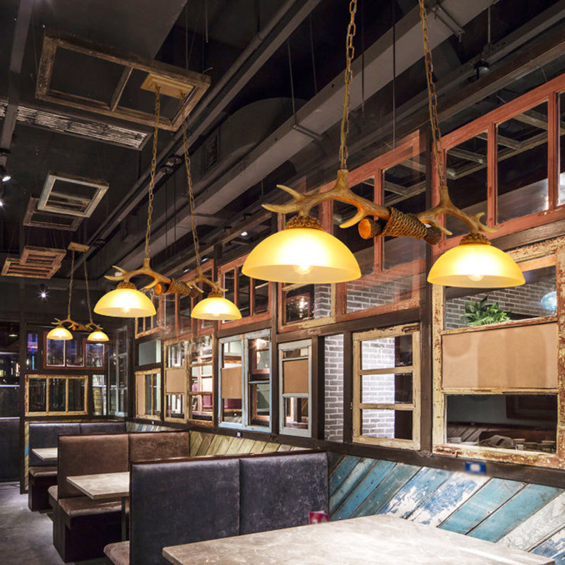 2 Bulbs Pendant Light Retro Dome Beige Glass Hanging Island Light with Decorative Deer Horn Clearhalo 'Ceiling Lights' 'Glass shade' 'Glass' 'Island Lights' Lighting' 2135848