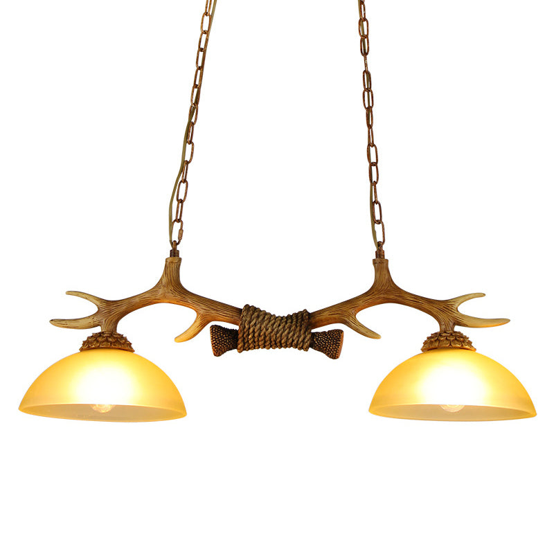 2 Bulbs Pendant Light Retro Dome Beige Glass Hanging Island Light with Decorative Deer Horn Clearhalo 'Ceiling Lights' 'Glass shade' 'Glass' 'Island Lights' Lighting' 2135849