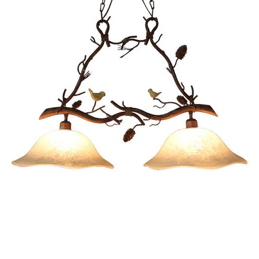 Resin Branch Suspension Light Classic 2 Heads Dining Room Island Chandelier Light with Scalloped Shade in Brown Clearhalo 'Ceiling Lights' 'Close To Ceiling Lights' 'Glass shade' 'Glass' 'Island Lights' Lighting' 2135860