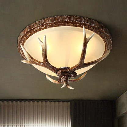 Brown Bowl Flush Mount Traditional Frost Glass 3 Heads Restaurant Flushmount Ceiling Light with Decorative Antler Brown Clearhalo 'Ceiling Lights' 'Close To Ceiling Lights' 'Close to ceiling' 'Flush mount' Lighting' 2135861