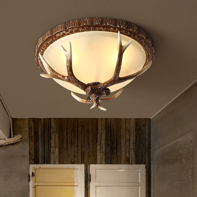 Brown Bowl Flush Mount Traditional Frost Glass 3 Heads Restaurant Flushmount Ceiling Light with Decorative Antler Clearhalo 'Ceiling Lights' 'Close To Ceiling Lights' 'Close to ceiling' 'Flush mount' Lighting' 2135863