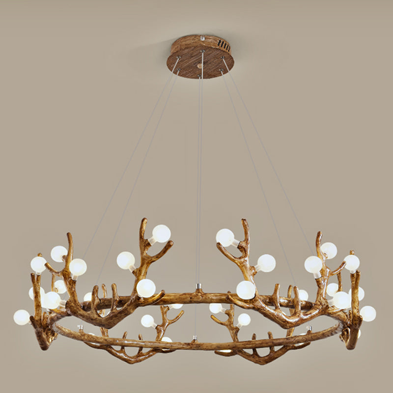 Antler Living Room Ceiling Lighting Vintage Resin Brown LED Chandelier Light with Ball Frost Glass Shade 36 Brown Clearhalo 'Ceiling Lights' 'Chandeliers' Lighting' options 2135870_b86372ce-3671-4b76-85c5-cd7b65d11c72