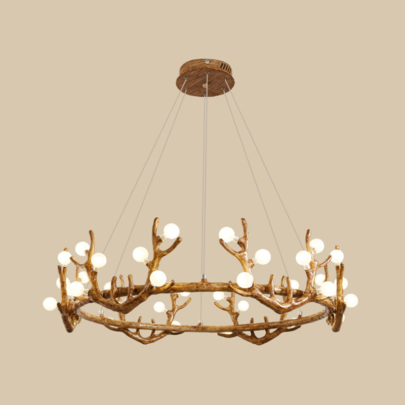 Antler Living Room Ceiling Lighting Vintage Resin Brown LED Chandelier Light with Ball Frost Glass Shade Clearhalo 'Ceiling Lights' 'Chandeliers' Lighting' options 2135871