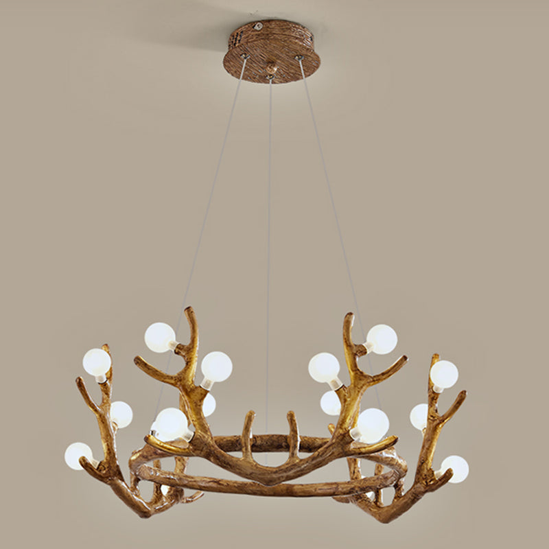 Antler Living Room Ceiling Lighting Vintage Resin Brown LED Chandelier Light with Ball Frost Glass Shade 18 Brown Clearhalo 'Ceiling Lights' 'Chandeliers' Lighting' options 2135872_3e2e67df-bbc3-4af4-b820-ed77c97a89c1