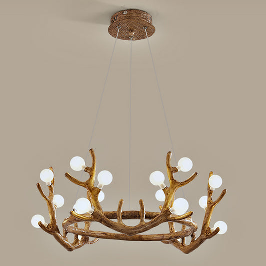 Antler Living Room Ceiling Lighting Vintage Resin Brown LED Chandelier Light with Ball Frost Glass Shade Clearhalo 'Ceiling Lights' 'Chandeliers' Lighting' options 2135872