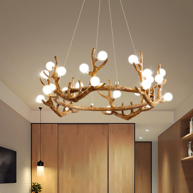Antler Living Room Ceiling Lighting Vintage Resin Brown LED Chandelier Light with Ball Frost Glass Shade Clearhalo 'Ceiling Lights' 'Chandeliers' Lighting' options 2135874