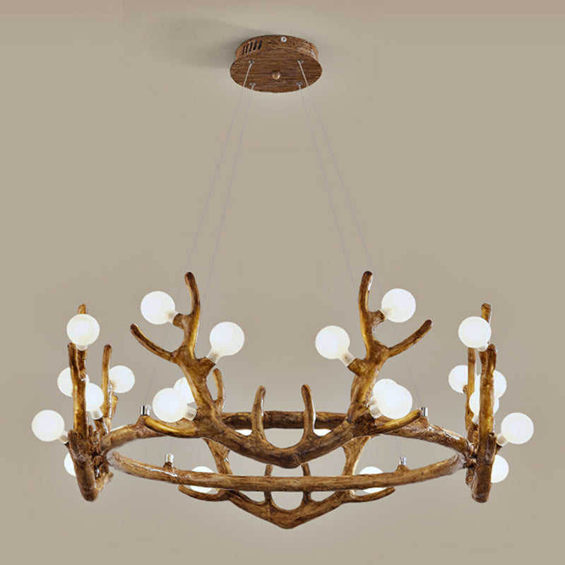 Antler Living Room Ceiling Lighting Vintage Resin Brown LED Chandelier Light with Ball Frost Glass Shade 24 Brown Clearhalo 'Ceiling Lights' 'Chandeliers' Lighting' options 2135875_8531f6fe-f571-4a6f-93ef-49b9406d0f1c