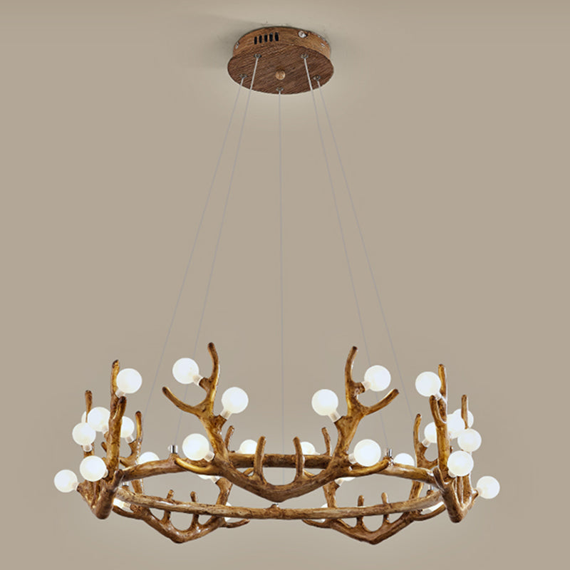Antler Living Room Ceiling Lighting Vintage Resin Brown LED Chandelier Light with Ball Frost Glass Shade 30 Brown Clearhalo 'Ceiling Lights' 'Chandeliers' Lighting' options 2135877_2c877ae5-9cfb-4362-86f7-df37c91bd0e0