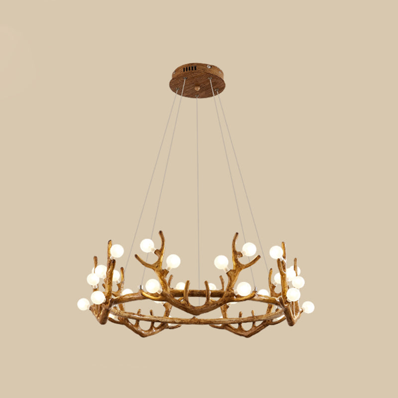 Antler Living Room Ceiling Lighting Vintage Resin Brown LED Chandelier Light with Ball Frost Glass Shade Clearhalo 'Ceiling Lights' 'Chandeliers' Lighting' options 2135878