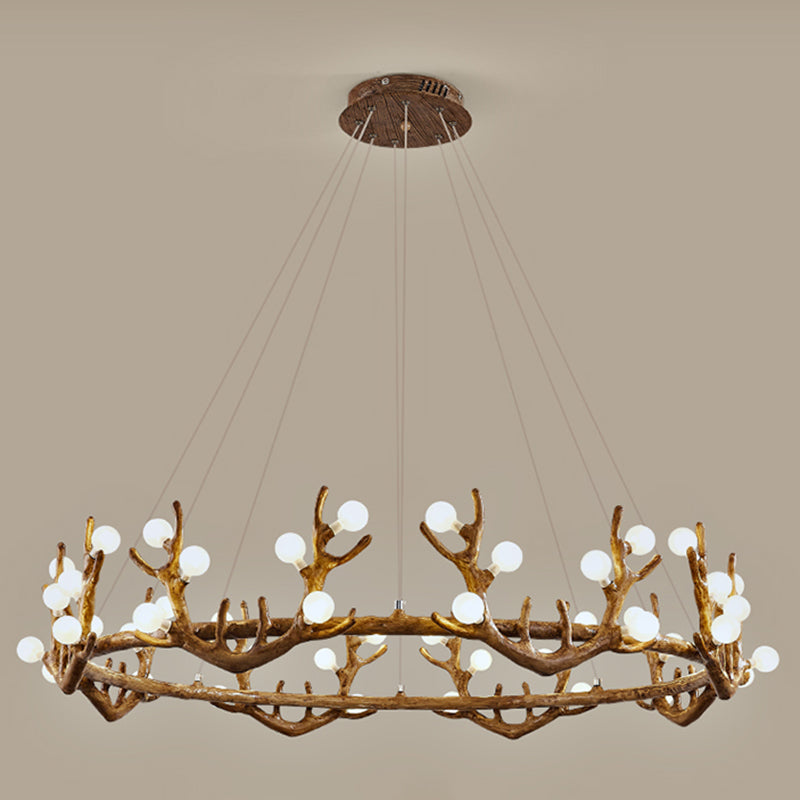 Antler Living Room Ceiling Lighting Vintage Resin Brown LED Chandelier Light with Ball Frost Glass Shade 48 Brown Clearhalo 'Ceiling Lights' 'Chandeliers' Lighting' options 2135879_681c381d-7590-4b6c-a559-9cf450a410b6