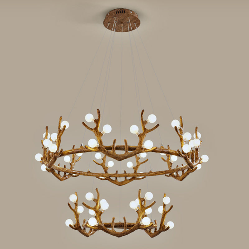 Antler Living Room Ceiling Lighting Vintage Resin Brown LED Chandelier Light with Ball Frost Glass Shade 54 Brown Clearhalo 'Ceiling Lights' 'Chandeliers' Lighting' options 2135881_f5e1d770-f2bb-458b-82bb-29160753c396