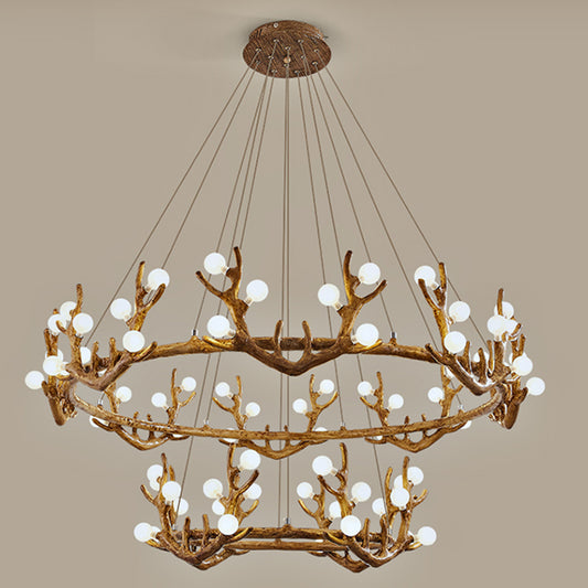 Antler Living Room Ceiling Lighting Vintage Resin Brown LED Chandelier Light with Ball Frost Glass Shade Clearhalo 'Ceiling Lights' 'Chandeliers' Lighting' options 2135883