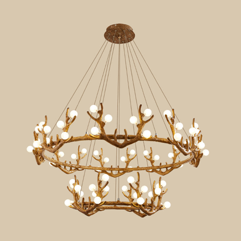 Antler Living Room Ceiling Lighting Vintage Resin Brown LED Chandelier Light with Ball Frost Glass Shade Clearhalo 'Ceiling Lights' 'Chandeliers' Lighting' options 2135884
