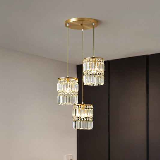 Contemporary Cylinder Hanging Pendant Tri-Prism Crystal 3 Heads Dining Room Multi Light Chandelier in Brass Clearhalo 'Ceiling Lights' 'Modern Pendants' 'Modern' 'Pendant Lights' 'Pendants' Lighting' 2136109