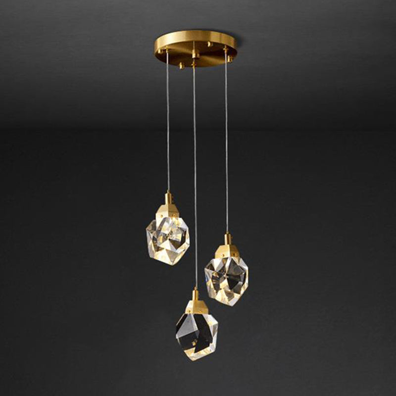 Crystal Gemstone Shaped LED Suspension Light Artistic Brass Pendant Light Fixture for Dining Room 3 Brass Clearhalo 'Ceiling Lights' 'Modern Pendants' 'Modern' 'Pendant Lights' 'Pendants' Lighting' 2136122