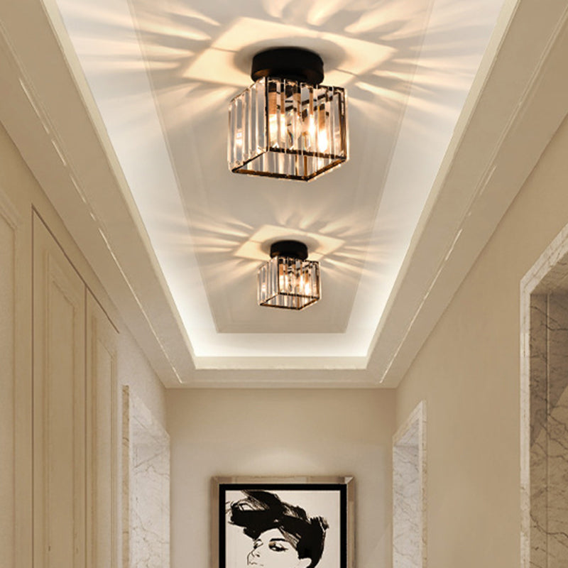 Contemporary Geometric Flush Ceiling Light Tri-Prism Crystal 1-Light Hallway Flush Mount Lighting in Black Black Square Plate Clearhalo 'Ceiling Lights' 'Close To Ceiling Lights' 'Close to ceiling' 'Flush mount' Lighting' 2136139