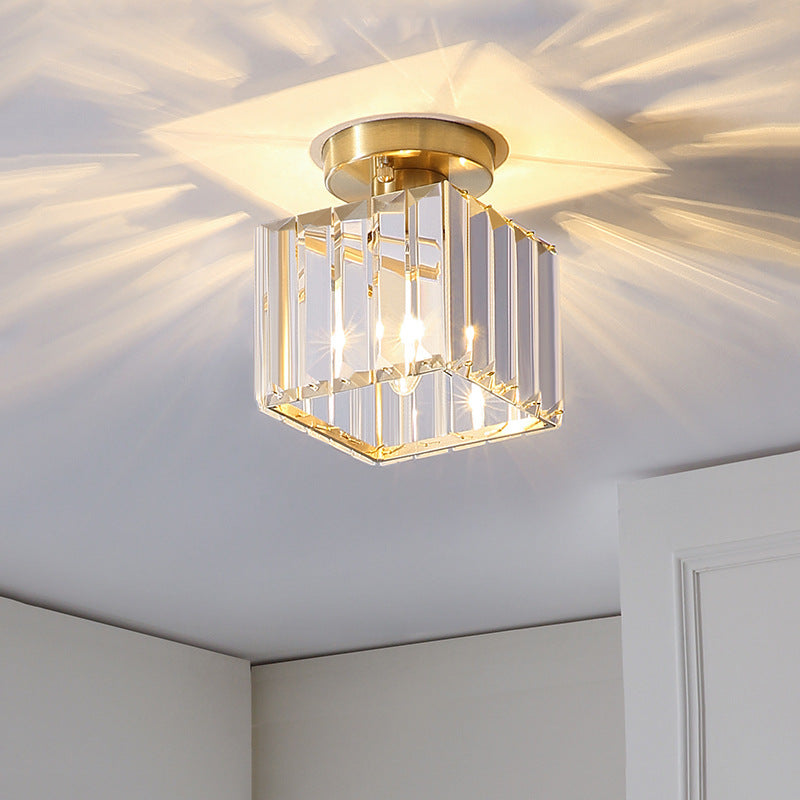 Geometrical Flush Mount Light Simplicity K9 Crystal 1��Bulb Hallway Flush Mount Ceiling Light in Gold Gold Square Plate Clearhalo 'Ceiling Lights' 'Close To Ceiling Lights' 'Close to ceiling' 'Flush mount' Lighting' 2136144