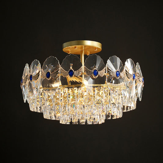 Tiered Semi Flush Light Artistic Beveled Crystal Living Room Flush Ceiling Light Fixture in Gold Gold 23.5" Clearhalo 'Ceiling Lights' 'Close To Ceiling Lights' 'Close to ceiling' 'Semi-flushmount' Lighting' 2136220