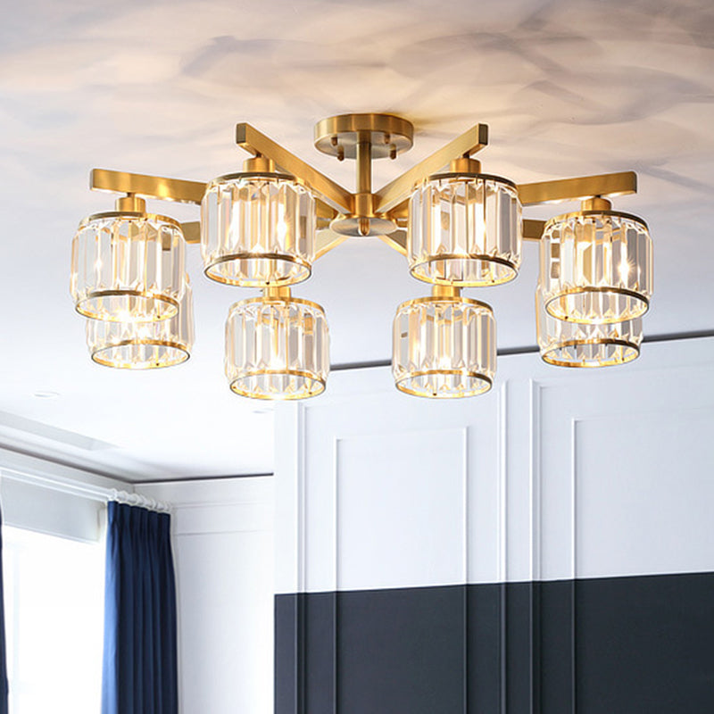 Radial Metallic Semi Flush Light Modern Gold Ceiling Flush Mount with Cylinder Tri-Prism Crystal Shade 8 Gold Clearhalo 'Ceiling Lights' 'Close To Ceiling Lights' 'Close to ceiling' 'Semi-flushmount' Lighting' 2136236