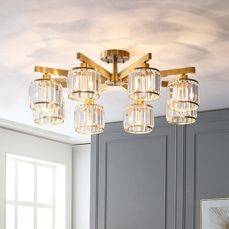 Radial Metallic Semi Flush Light Modern Gold Ceiling Flush Mount with Cylinder Tri-Prism Crystal Shade Clearhalo 'Ceiling Lights' 'Close To Ceiling Lights' 'Close to ceiling' 'Semi-flushmount' Lighting' 2136237