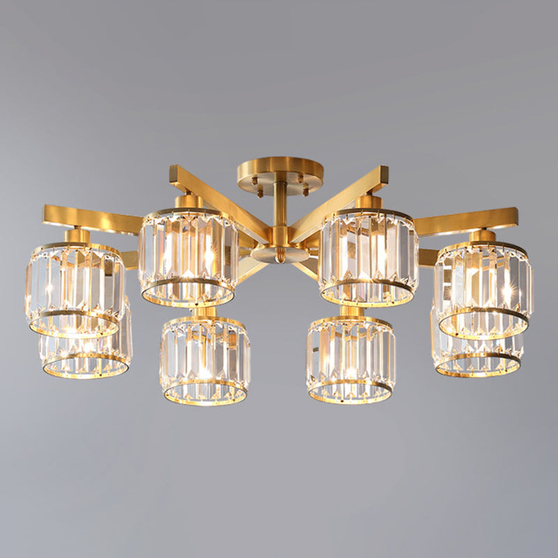 Radial Metallic Semi Flush Light Modern Gold Ceiling Flush Mount with Cylinder Tri-Prism Crystal Shade Clearhalo 'Ceiling Lights' 'Close To Ceiling Lights' 'Close to ceiling' 'Semi-flushmount' Lighting' 2136239