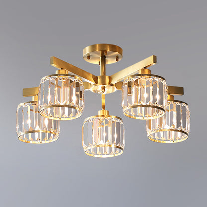 Radial Metallic Semi Flush Light Modern Gold Ceiling Flush Mount with Cylinder Tri-Prism Crystal Shade 5 Gold Clearhalo 'Ceiling Lights' 'Close To Ceiling Lights' 'Close to ceiling' 'Semi-flushmount' Lighting' 2136240
