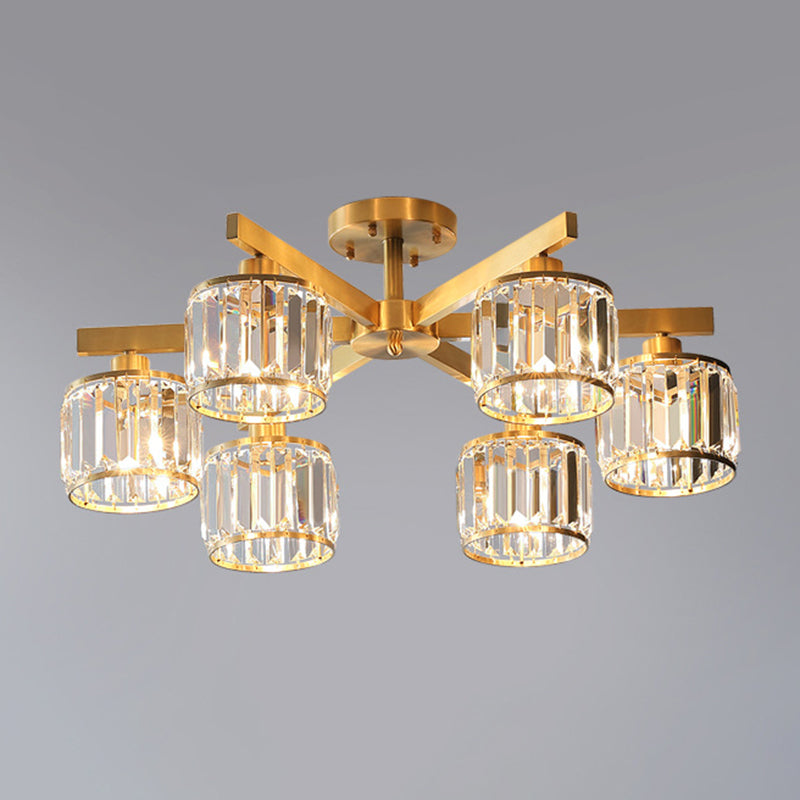 Radial Metallic Semi Flush Light Modern Gold Ceiling Flush Mount with Cylinder Tri-Prism Crystal Shade 6 Gold Clearhalo 'Ceiling Lights' 'Close To Ceiling Lights' 'Close to ceiling' 'Semi-flushmount' Lighting' 2136241