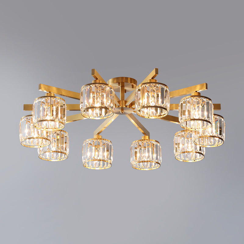 Radial Metallic Semi Flush Light Modern Gold Ceiling Flush Mount with Cylinder Tri-Prism Crystal Shade 10 Gold Clearhalo 'Ceiling Lights' 'Close To Ceiling Lights' 'Close to ceiling' 'Semi-flushmount' Lighting' 2136242