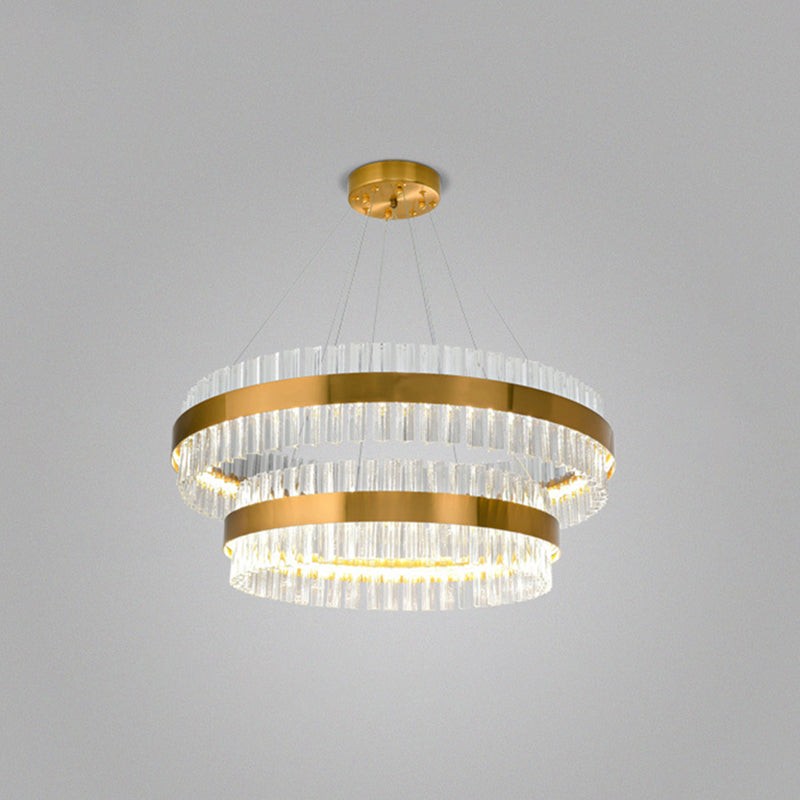 Ring Shaped Chandelier Light Simplicity Clear Crystal Living Room LED Pendant Light Fixture in Gold Gold 2 Tiers 31.5" Clearhalo 'Ceiling Lights' 'Chandeliers' 'Modern Chandeliers' 'Modern' Lighting' 2136316