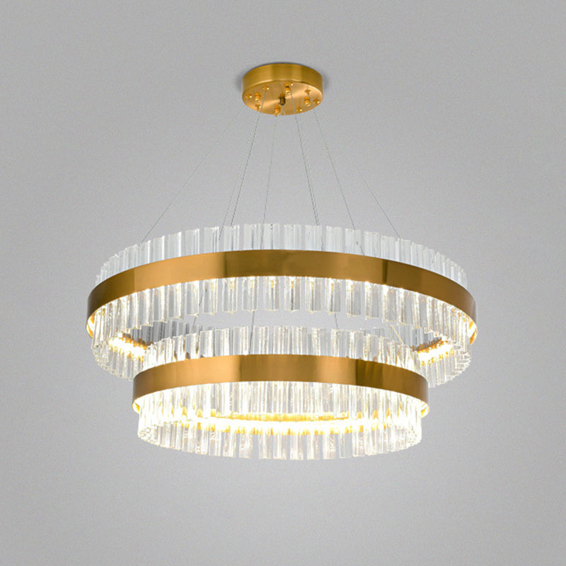 Ring Shaped Chandelier Light Simplicity Clear Crystal Living Room LED Pendant Light Fixture in Gold Gold 2 Tiers 39.5" Clearhalo 'Ceiling Lights' 'Chandeliers' 'Modern Chandeliers' 'Modern' Lighting' 2136317