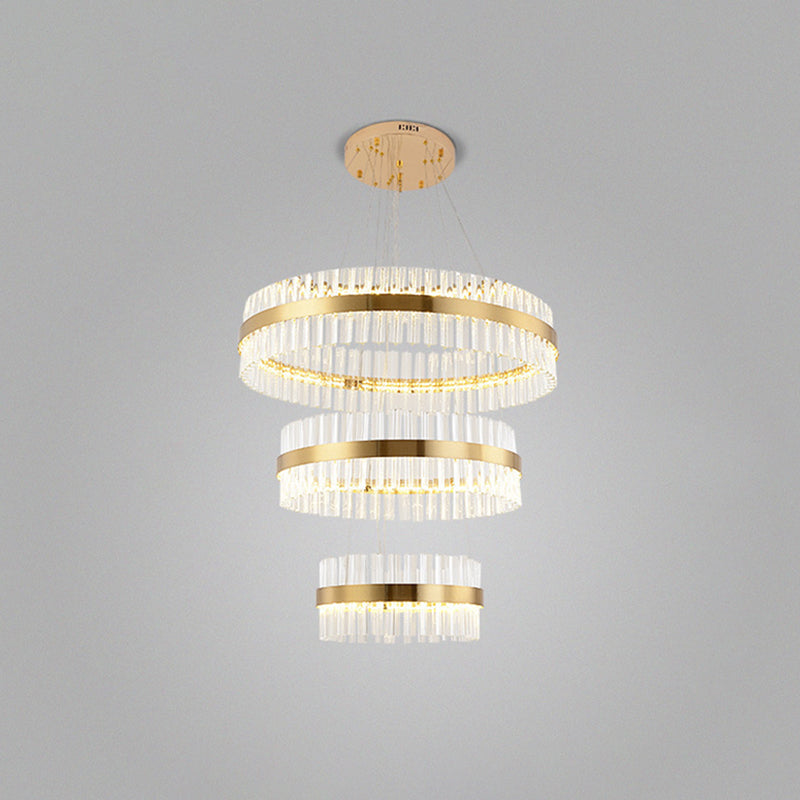 Ring Shaped Chandelier Light Simplicity Clear Crystal Living Room LED Pendant Light Fixture in Gold Gold 3 Tiers 31.5" Clearhalo 'Ceiling Lights' 'Chandeliers' 'Modern Chandeliers' 'Modern' Lighting' 2136319