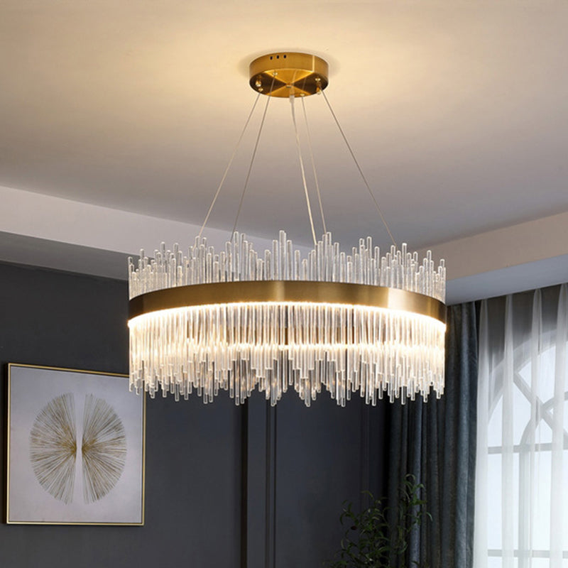 Crystal Rod Circle LED Suspension Light Artistic Gold Chandelier Light in Gold for Living Room Gold Round Clearhalo 'Ceiling Lights' 'Chandeliers' 'Modern Chandeliers' 'Modern' Lighting' 2136321