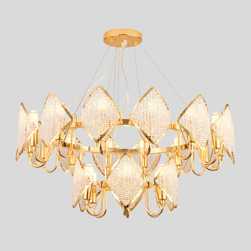 Ring Shaped Ceiling Lighting Postmodern Metal Living Room Chandelier Light Fixture with Rhombus Crystal Shade Gold 2 Tiers Small Clearhalo 'Ceiling Lights' 'Chandeliers' 'Modern Chandeliers' 'Modern' Lighting' 2136363