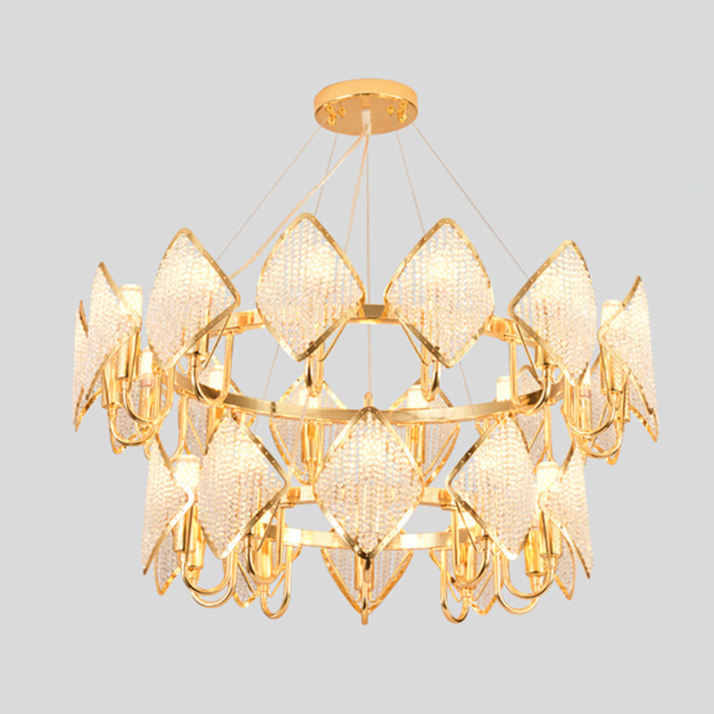 Ring Shaped Ceiling Lighting Postmodern Metal Living Room Chandelier Light Fixture with Rhombus Crystal Shade Gold 2 Tiers Large Clearhalo 'Ceiling Lights' 'Chandeliers' 'Modern Chandeliers' 'Modern' Lighting' 2136364