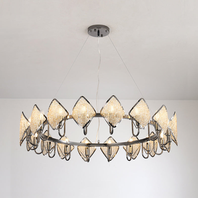 Ring Shaped Ceiling Lighting Postmodern Metal Living Room Chandelier Light Fixture with Rhombus Crystal Shade Chrome 1 Tier Large Clearhalo 'Ceiling Lights' 'Chandeliers' 'Modern Chandeliers' 'Modern' Lighting' 2136367