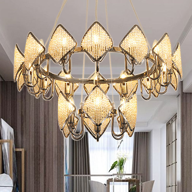 Ring Shaped Ceiling Lighting Postmodern Metal Living Room Chandelier Light Fixture with Rhombus Crystal Shade Chrome 2 Tiers Small Clearhalo 'Ceiling Lights' 'Chandeliers' 'Modern Chandeliers' 'Modern' Lighting' 2136368
