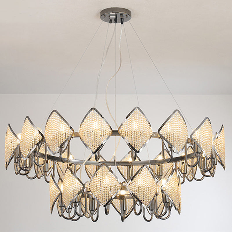Ring Shaped Ceiling Lighting Postmodern Metal Living Room Chandelier Light Fixture with Rhombus Crystal Shade Chrome 2 Tiers Large Clearhalo 'Ceiling Lights' 'Chandeliers' 'Modern Chandeliers' 'Modern' Lighting' 2136370