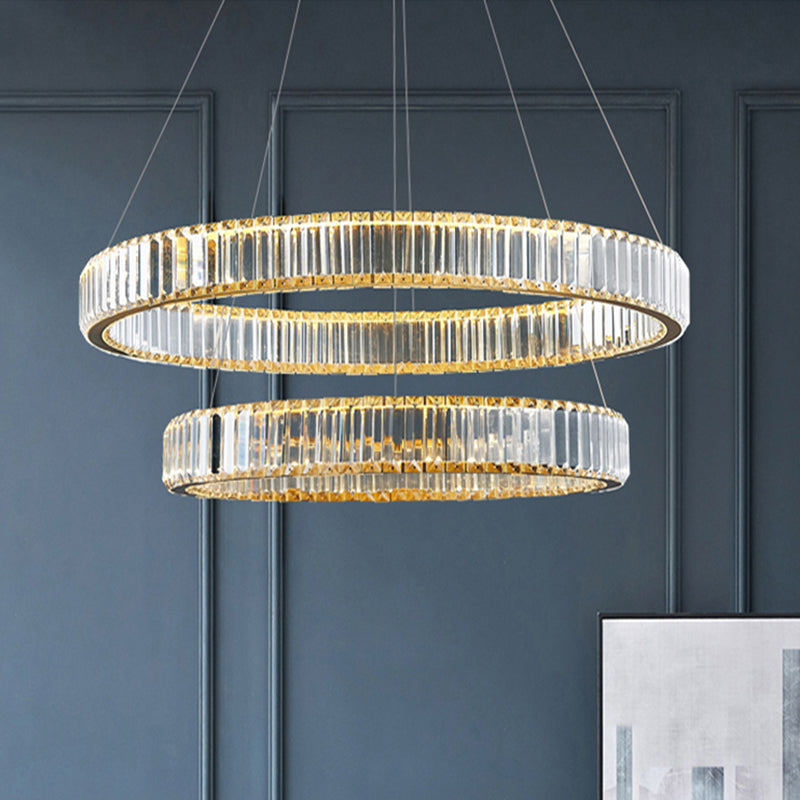 Clear Crystal Circle Chandelier Pendant Light Post-Modern LED Hanging Light for Living Room Gold 2 Tiers 31.5" Clearhalo 'Ceiling Lights' 'Chandeliers' 'Modern Chandeliers' 'Modern' Lighting' 2136375