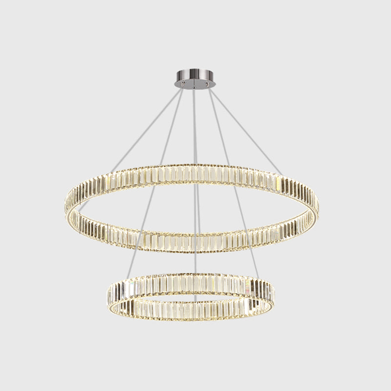 Clear Crystal Circle Chandelier Pendant Light Post-Modern LED Hanging Light for Living Room Silver 2 Tiers 31.5" Clearhalo 'Ceiling Lights' 'Chandeliers' 'Modern Chandeliers' 'Modern' Lighting' 2136377
