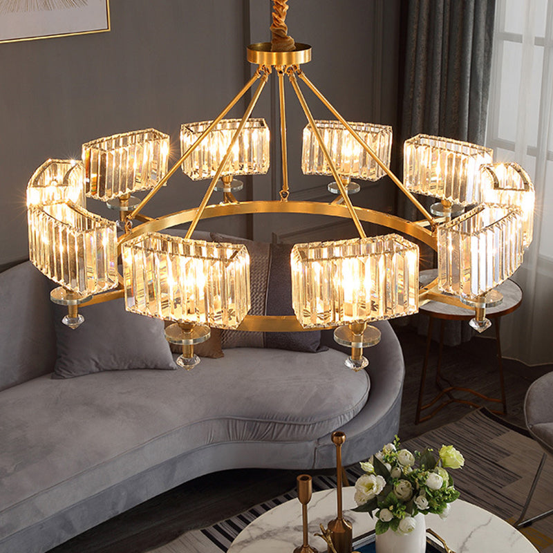 Circle Shaped Crystal Block Ceiling Lighting Postmodern Gold Chandelier Light Fixture for Living Room 10 Gold B Clearhalo 'Ceiling Lights' 'Chandeliers' 'Modern Chandeliers' 'Modern' Lighting' 2136399