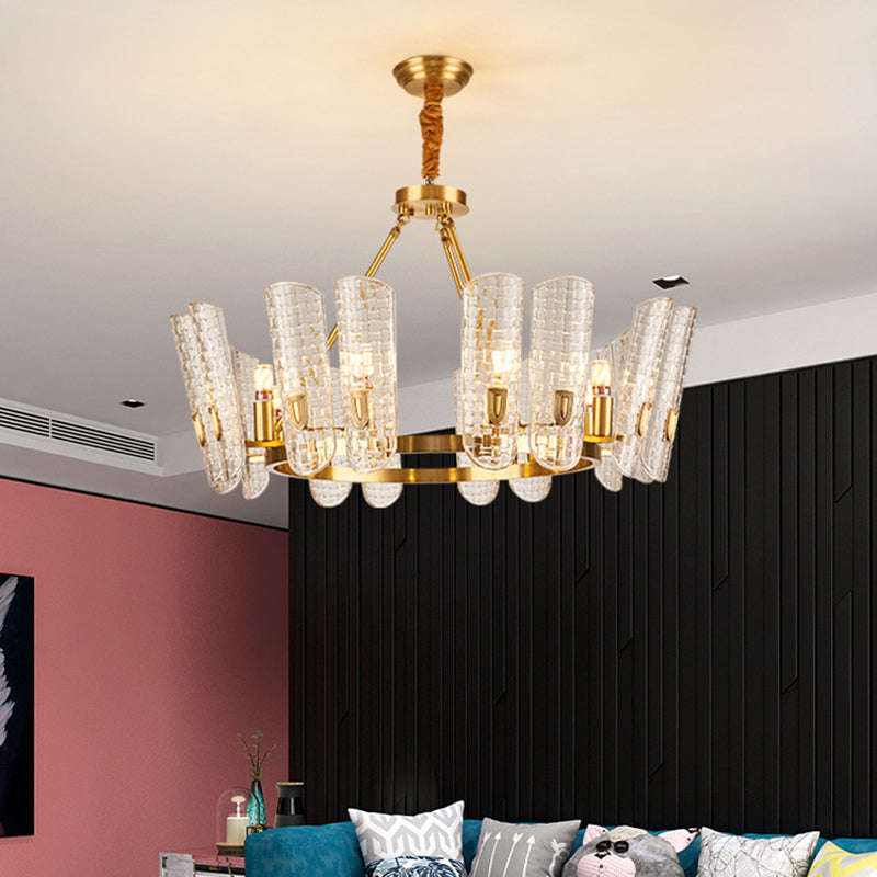Gold Curved Chandelier Pendant Light Post-Modern Grid Glass Hanging Light for Dining Room Clearhalo 'Ceiling Lights' 'Chandeliers' 'Modern Chandeliers' 'Modern' Lighting' 2136415