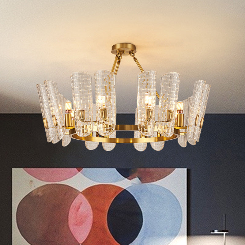 Gold Curved Chandelier Pendant Light Post-Modern Grid Glass Hanging Light for Dining Room Clearhalo 'Ceiling Lights' 'Chandeliers' 'Modern Chandeliers' 'Modern' Lighting' 2136416