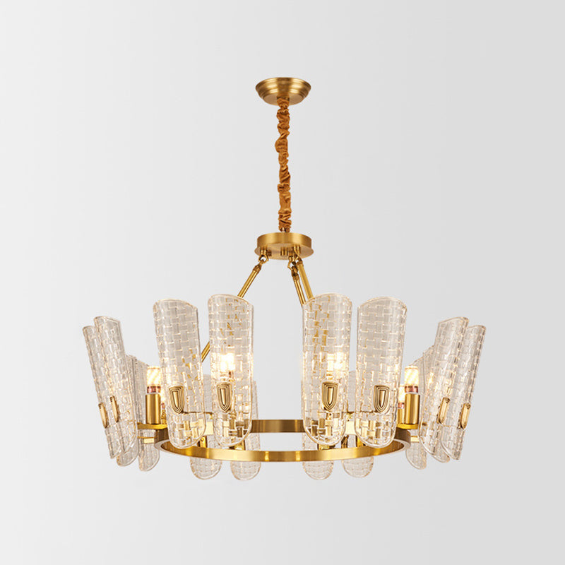 Gold Curved Chandelier Pendant Light Post-Modern Grid Glass Hanging Light for Dining Room Clearhalo 'Ceiling Lights' 'Chandeliers' 'Modern Chandeliers' 'Modern' Lighting' 2136418