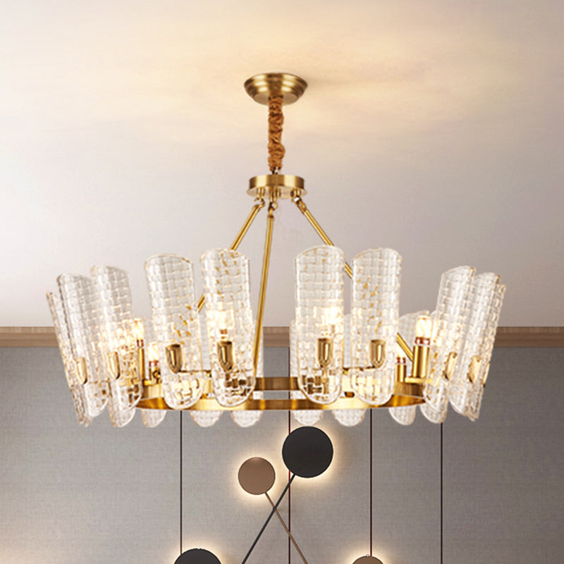 Gold Curved Chandelier Pendant Light Post-Modern Grid Glass Hanging Light for Dining Room 10 Gold Clearhalo 'Ceiling Lights' 'Chandeliers' 'Modern Chandeliers' 'Modern' Lighting' 2136419