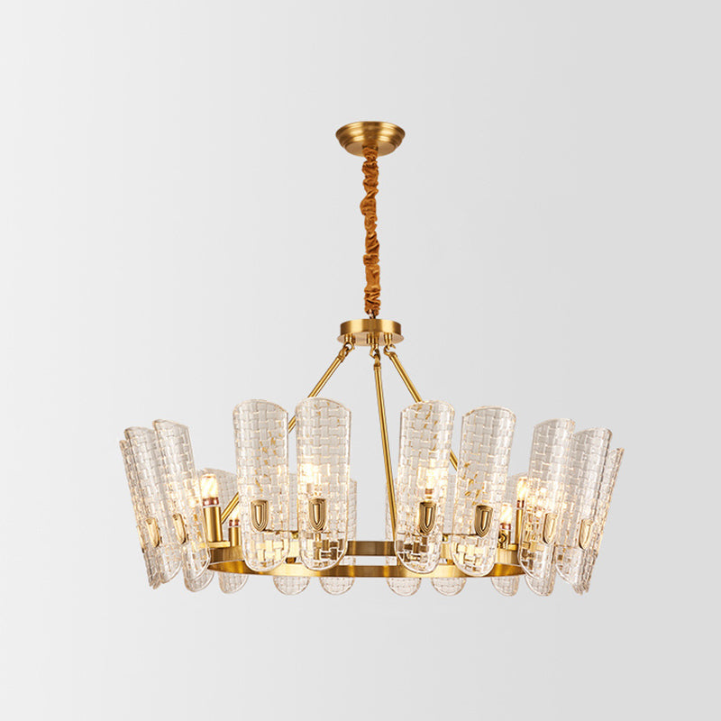 Gold Curved Chandelier Pendant Light Post-Modern Grid Glass Hanging Light for Dining Room Clearhalo 'Ceiling Lights' 'Chandeliers' 'Modern Chandeliers' 'Modern' Lighting' 2136420